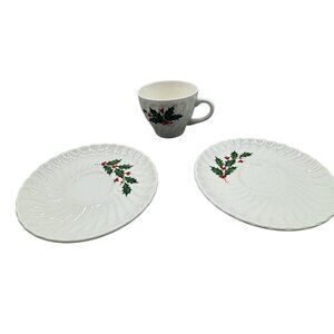 Vintage Christmas Holly berry Cup & 2 Saucer Set - Ceramic Tableware READ